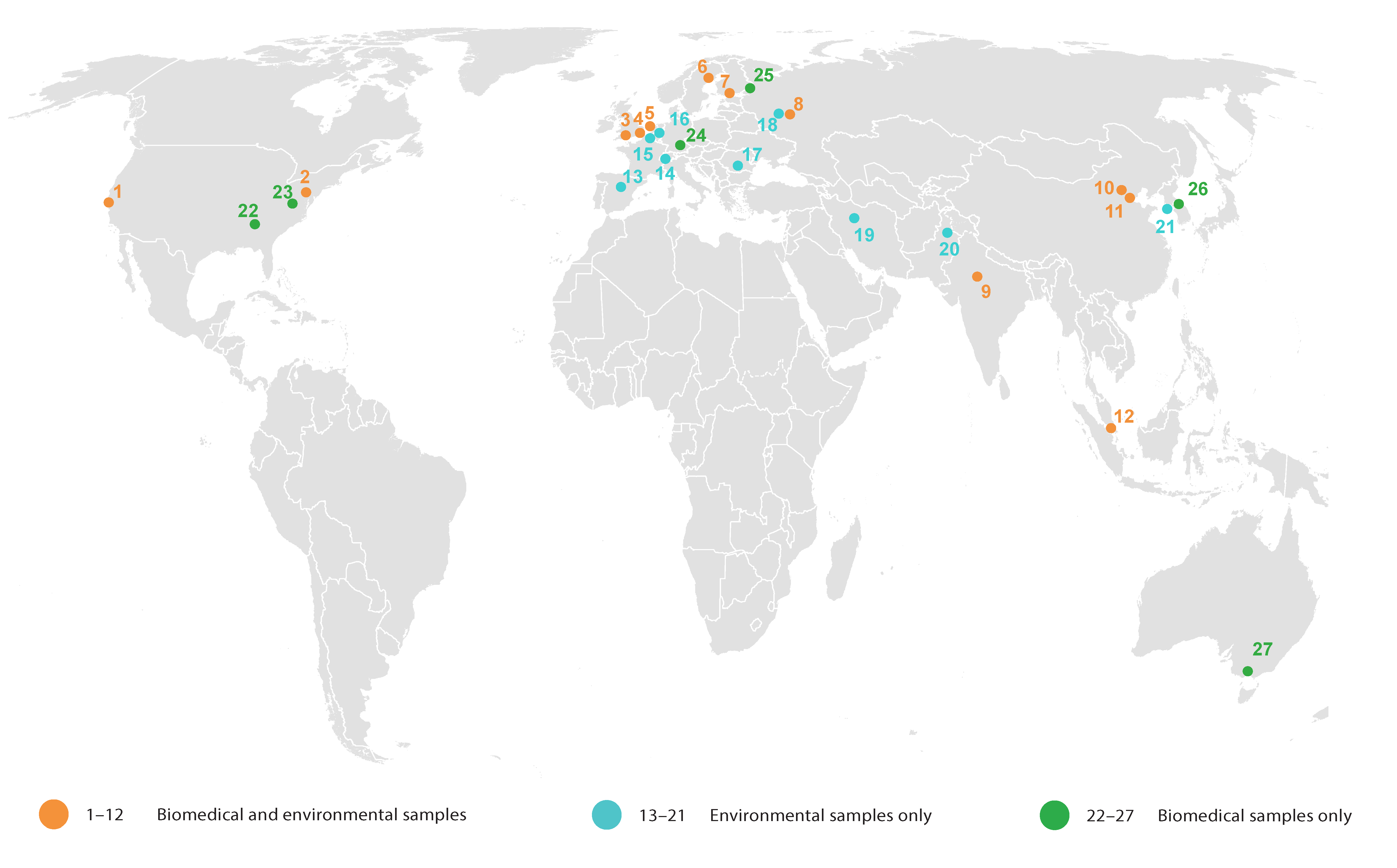 map with locations of 27 laboratories